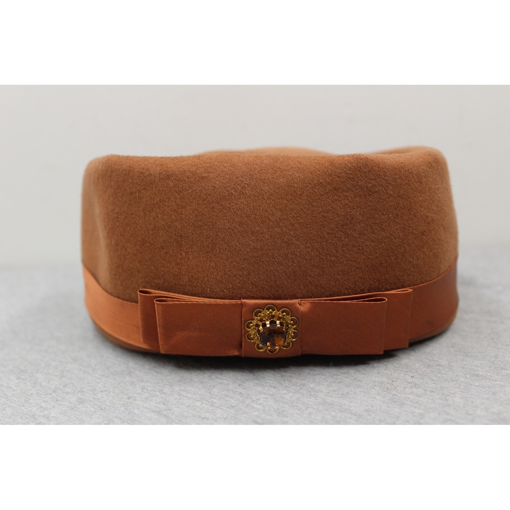 Vintage A Dianne Style Hat Women Brown Pillbox Wool Felt Jewel Bow Mid Century